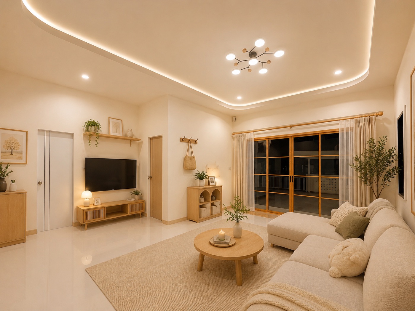 ภาพจำลองห้องนั่งเล่นขนาดใหญ่โทนไม้และสีครีม เฟส 5