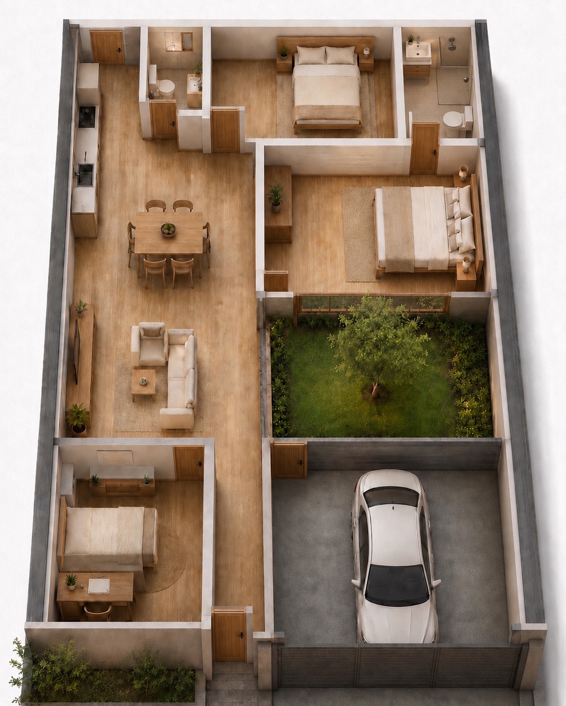 แปลนภาพรวมบ้านแบบที่ 6.1 แสดง 3 ห้องนอน 2 ห้องน้ำ โรงจอดรถ และสวนกลางบ้าน