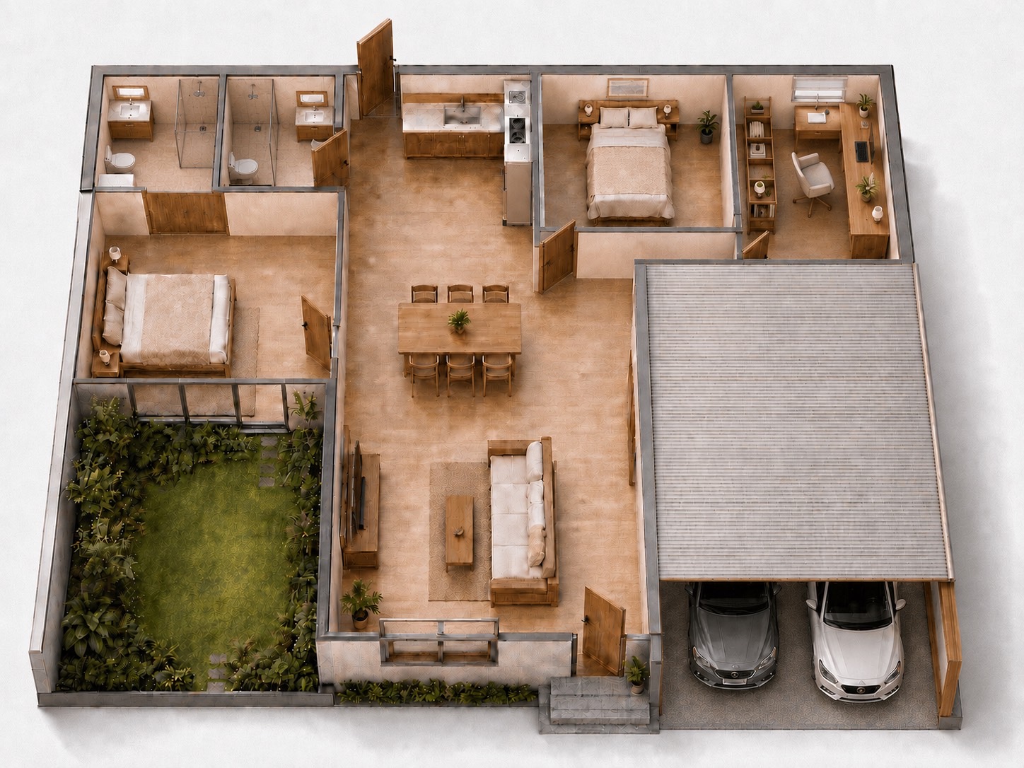 แปลนภาพรวมบ้านแบบที่ 6.2 แสดงพื้นที่นั่งเล่น ห้องนอน ห้องน้ำ โรงจอดรถ และสวนกลางบ้าน